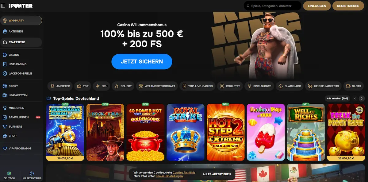 Startseite des MrPunter Casinos mit Spielekatalog