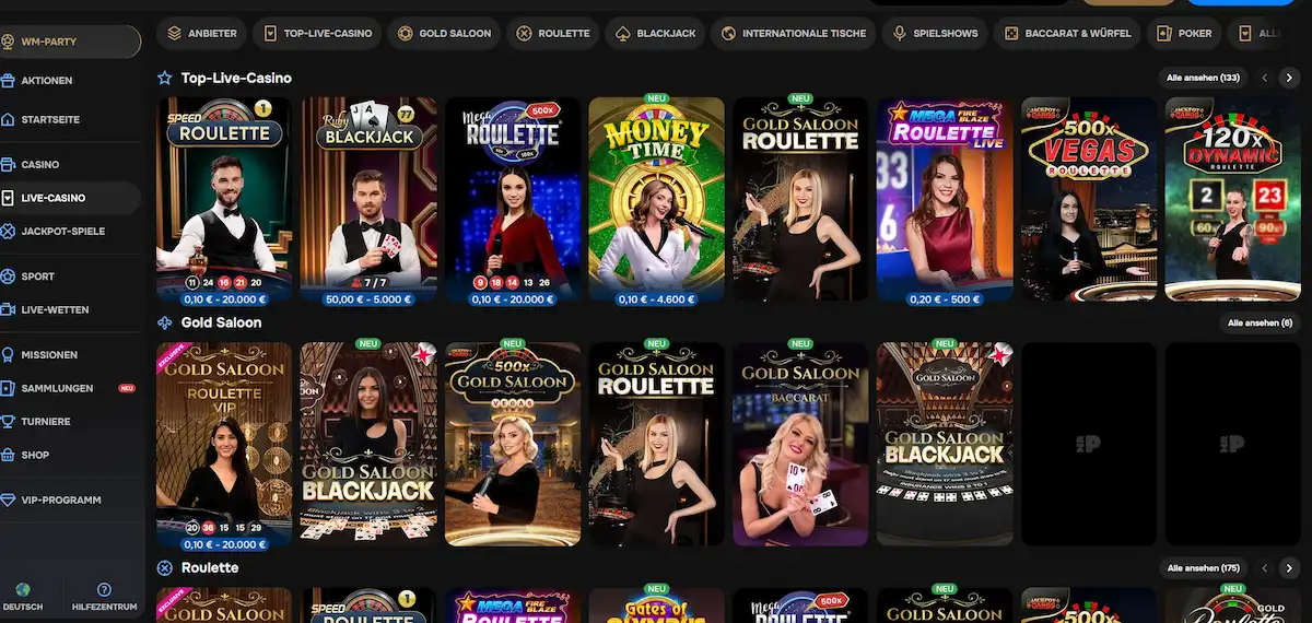 Übersicht des Live-Casinos mit echten Dealern