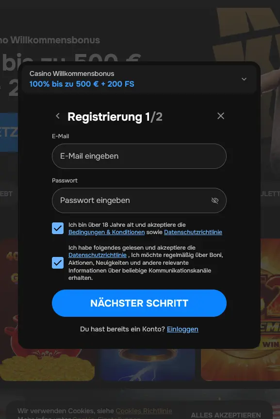 Registrierungsformular der mobilen MrPunter-Website