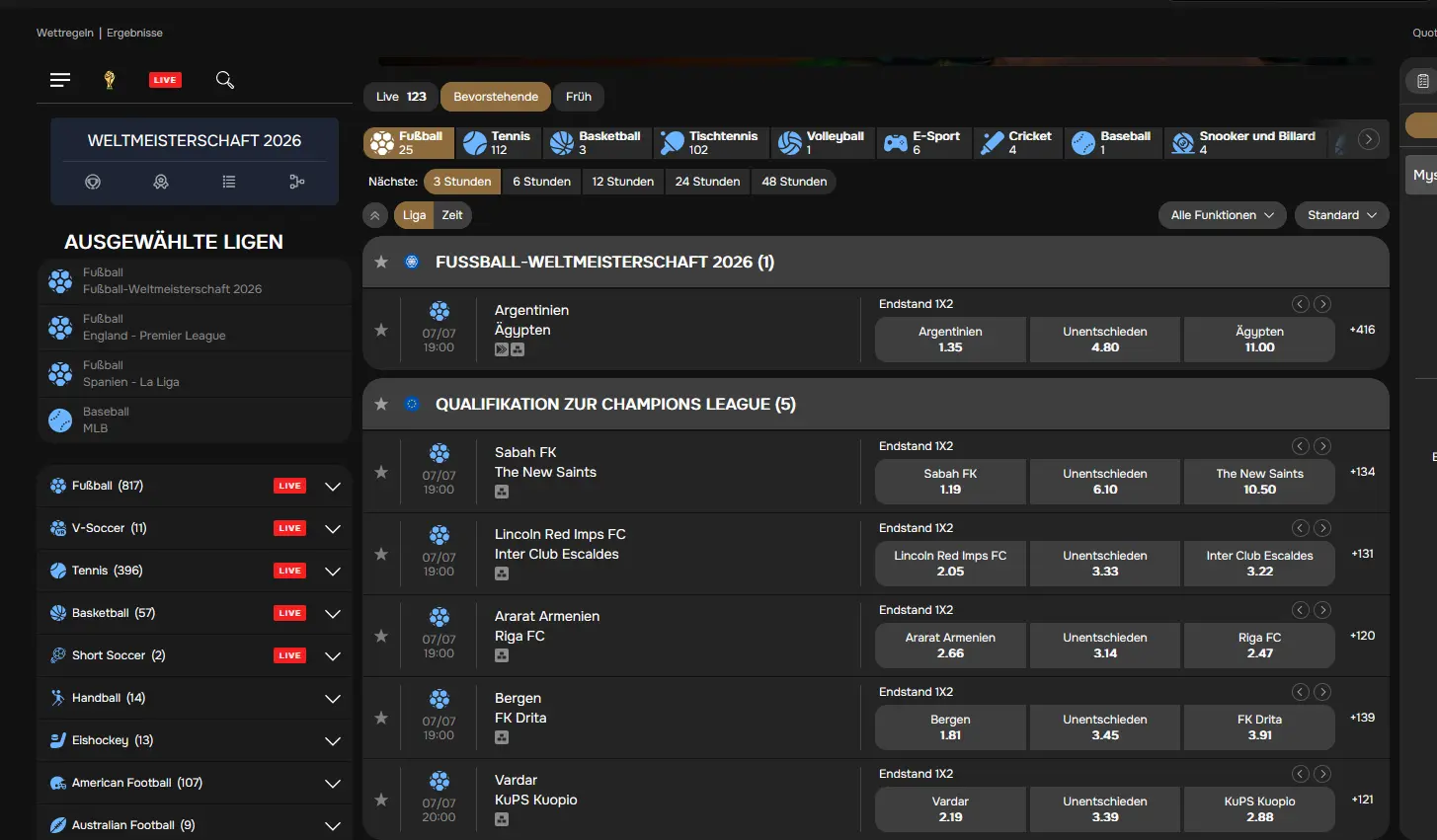Sportwetten-Bereich mit Live-Events bei MrPunter